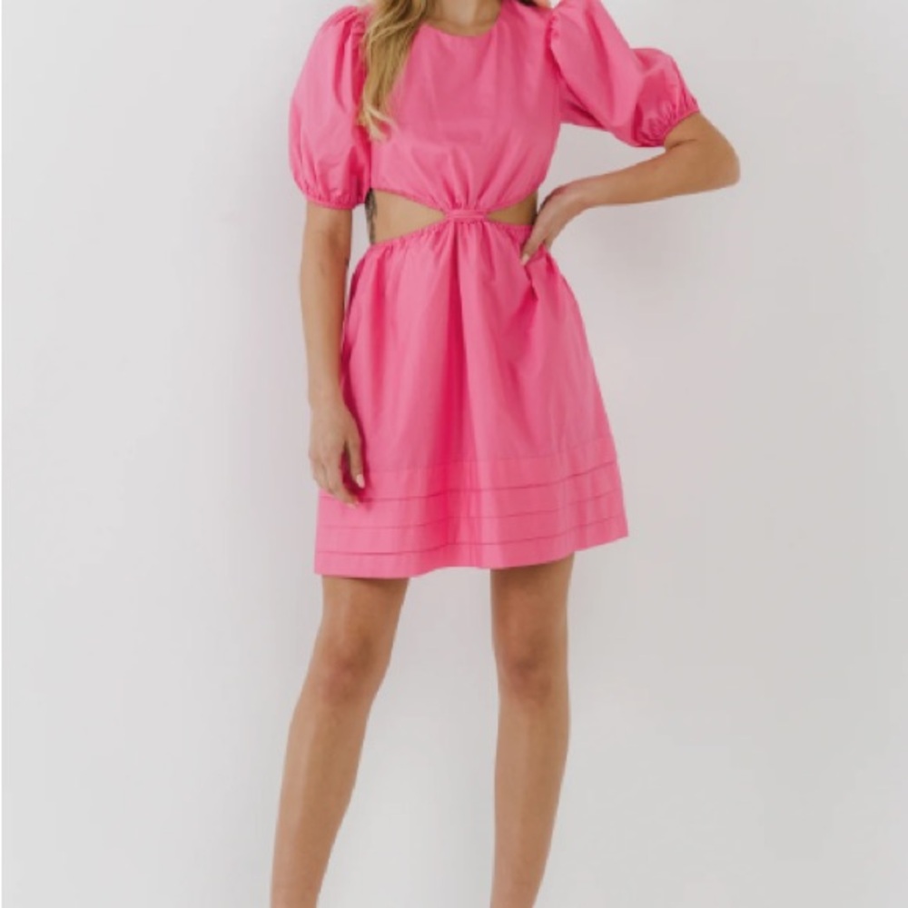 English Factory Pleated with Cutout Detail Puff Sleeve Mini Dress